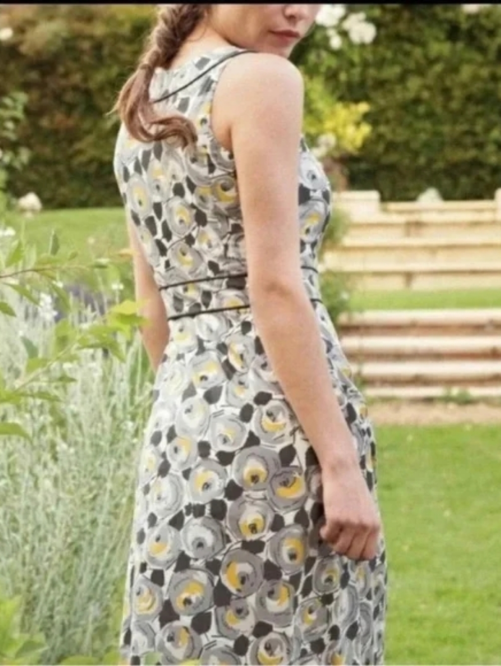 Boden Retro Rose GREY & Yellow Floral Fit-And-Flare Sleeveless Dress